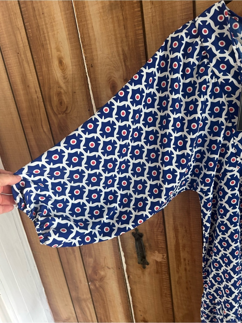 Gorgeous Navy & Coral Geometric Print, Miduo Butterfly-Sleeve, Maxi Dress, NWT S - Picture 4 of 9